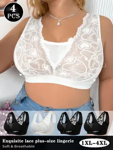 4PCS Summer Essential Plus Size Breathable Lace Bra , Exquisite Hollow-Out Design, Wide Straps for Extra Support,