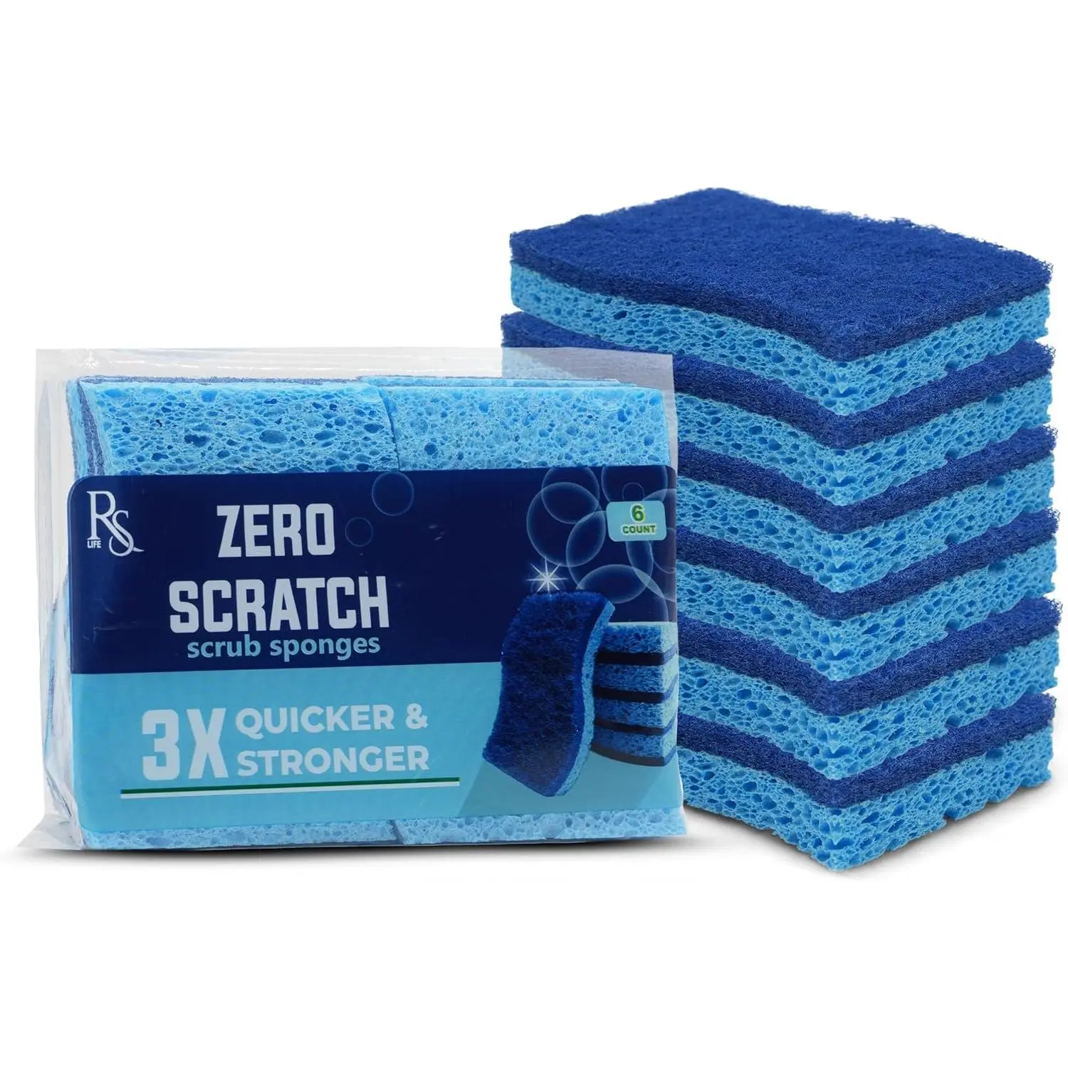 Blue Scrub Sponges Pack of 6 - Dual-Sided Kitchen Sponges for Cleaning - Non Scratch for Dishes, Bathroom, Surfaces - Durable Dishwashing Sponge