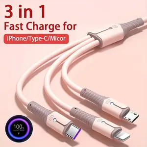 20243-in-1 Fast Charging USB Cable for iPhone & Android - 66W High-Speed Charger Cord with Type-C & Micro USB Connectors, Durable Silicone Flat Cable, Pink, Compatible with, Xiaomi & More, USB C Fast Charging Cable2025