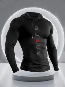 Men's Simple Letter Print Hooded Long Sleeve T-Shirt, Letter Print Hoodie, Athletic Hoodie, Comfortable Elastic Fabric, Outdoor Fitness Sportswear, Gym Apparel, Casual Style