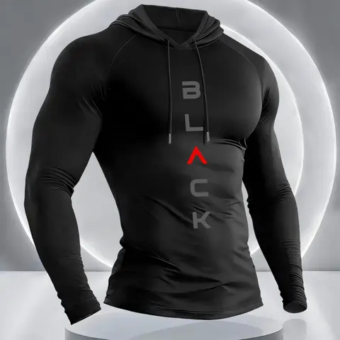 Men's Simple Letter Print Hooded Long Sleeve T-Shirt, Letter Print Hoodie, Athletic Hoodie, Comfortable Elastic Fabric, Outdoor Fitness Sportswear, Active Sportswear, Gym Apparel, Casual Style
