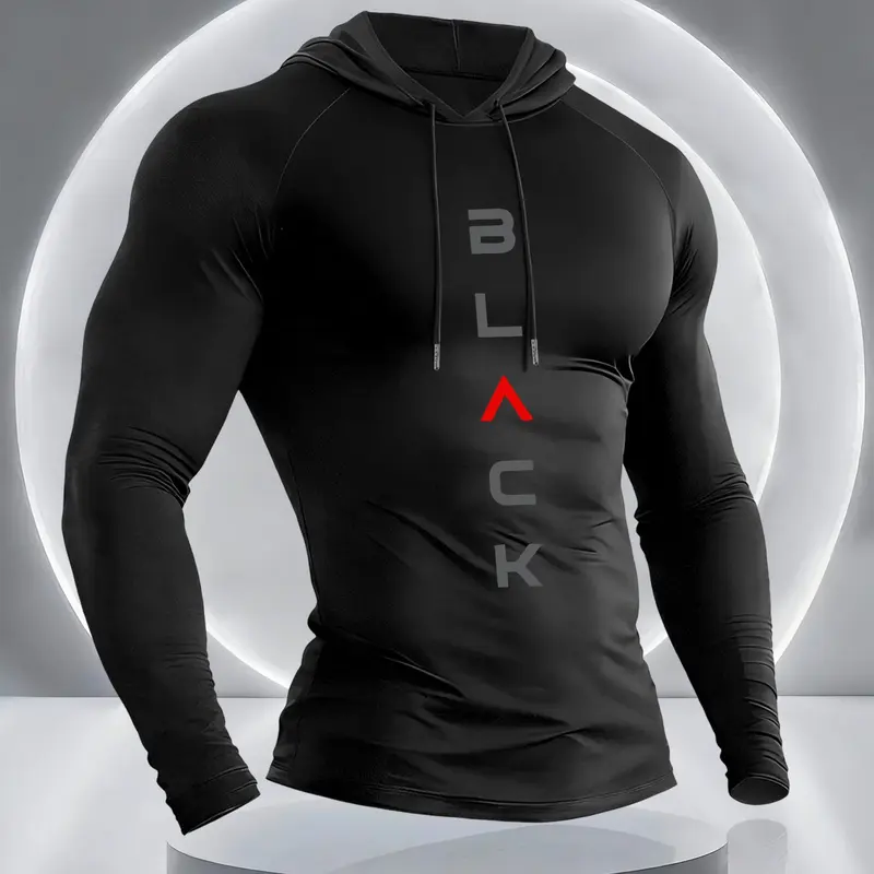 Men's Simple Letter Print Hooded Long Sleeve T-Shirt, Letter Print Hoodie, Athletic Hoodie, Comfortable Elastic Fabric, Outdoor Fitness Sportswear, Active Sportswear, Gym Apparel, Casual Style