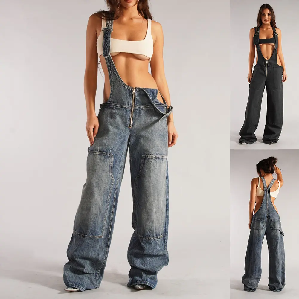 Y2K Zipper Denim Overalls With Pockets Fashion Loose Suspender Jumpsuit Streetwear Jeans Pants Womens Clothing Trouser Womenswear High Waist Micro Elasticity Cotton Drape Style European American Style