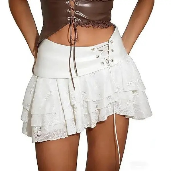 Y2K Lace Layered Mini Skirt, Lace‑Up Waist Irregular Ruffled Drawstring Short Skirt