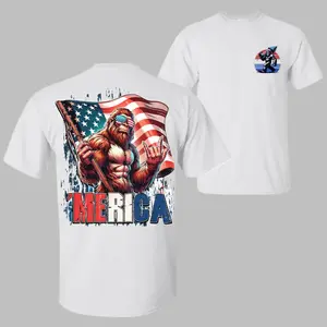 ‘Merica Bigfoot T-Shirt Armed Sasquatch & USA Flag Graphic Patriotic Tee for 4th of July Cookouts High-Quality Cotton Fabric Comfortable Fashion