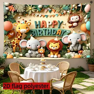 2D flat 1pc cartoon animal theme birthday background cloth, with design decorative banners of giraffes, elephants, lions, monkeys and other cute animals, "HAPPY BIRTHDAY" words, suitable for birthday parties, forest theme activities, polyester background