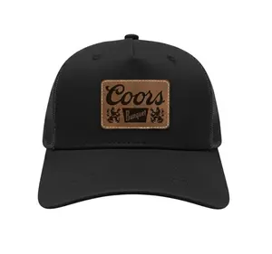 Coors Banquet Leather Patch Trucker Hat Classic Mesh-Back Snapback Unisex Black Hat with Brown Leather Patch Adjustable Closure OSFA