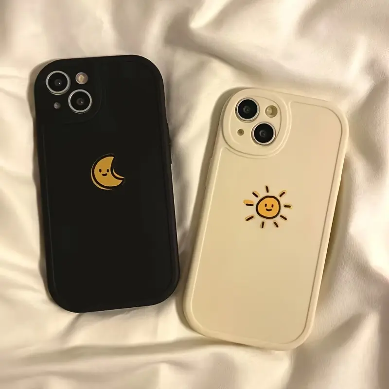 Cartoon Sun Moon Soft Silicone Phone Case - Shockproof Protection Cover Casing for iPhone 11-16 Series (11/11pro/11pro Max,12/12mini/12pro/12promax,13/13mini/13pro/13promax,14/14plus/14pro/14promax,15/15plus/15pro/15promax,16/16plus/16pro/16promax,X/Xs),,
