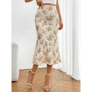 Firerie Ladies' Floral Print Elastic Waistband Mesh Skirt With Mermaid Hem Fit Elegant