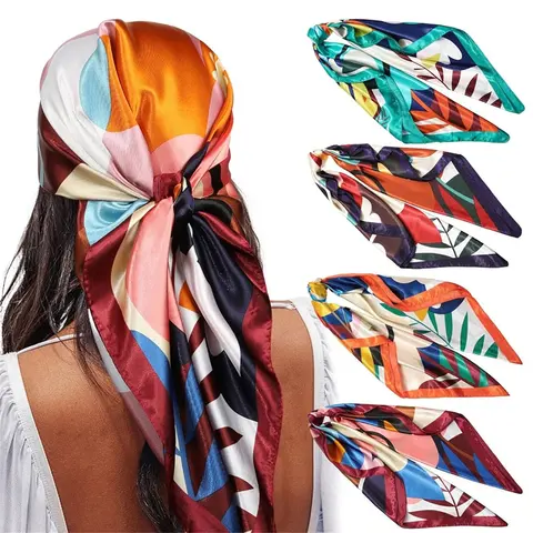 Women's 4-Piece 35*35in Printed Large Square Satin Scarf Set - Silk-Like Chic Fashion Statement Accessory, Polyester Bandana Head Wrap, Neck Kerchief, Hair Band for Anniversary, Auspicious Occasions, All Seasons