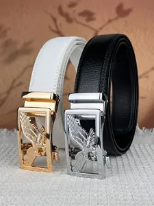 1PC Men's Casual Belt with Eagle Embossed Alloy Automatic Buckle, 3.5cm/1.38in Wide Solid Color Ratcheting Belt, Adjustable Length, Perfect for Daily Commuting and Outdoor Wear, Ideal Gift for Father and Husband, Ratchet Belts