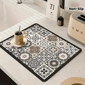 1pc Super Absorbent Quick-Dry Non-Slip Kitchen Mat - Countertop Dish Drying Mat with Retro Floral pattern in Blue/White/Gray/Black/, Non-Slip Base for Coffee Bar, Sink, Dining Table - Easy-Clean Surface & Fast-Drying Design for Modern