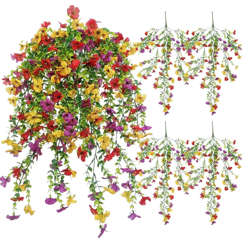 Artificial Hanging Flowers, 4 Counts/set UV Resistant Faux Silk Orchid, Fake Flower Vine, Fake Flowers for Garden, Porch, Window, Home Decor, Decorative Faux Flowers, Fruit, Artificial Faux Plants, Outdoor Artificial Flowers