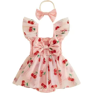 Baby Girl Clothes Summer Outfit Newborn Strawberry Bow Ruffle Sleeveless Tulle Romper Dress Cute Infant Onesie