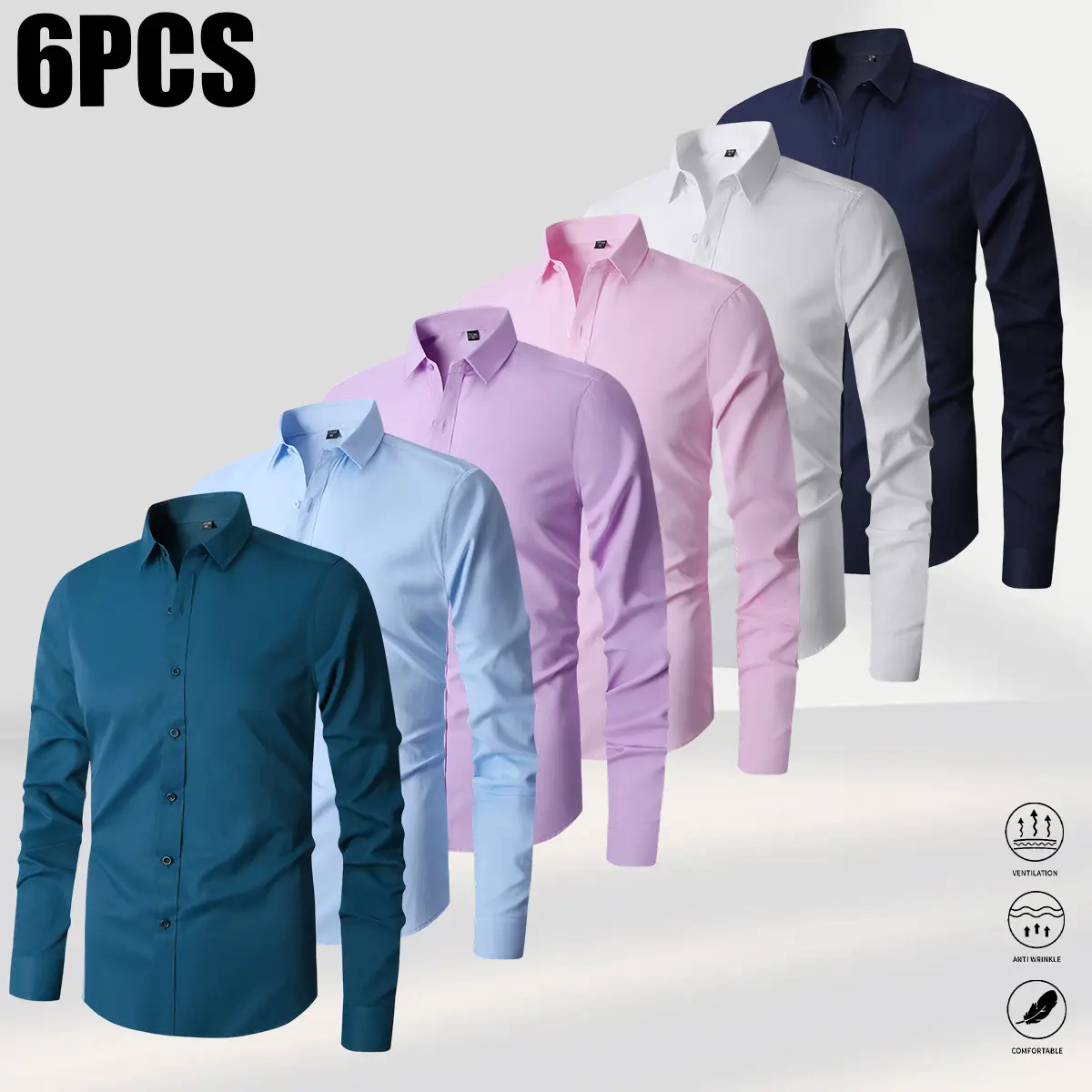 Men's Menswear 6-Pack Long-Sleeve Collared Casual Button Shirts, Poly-Cotton Solid Color, Simple Elegant Design, Multi-Color Options, All-Season, Ideal for Office Occasions