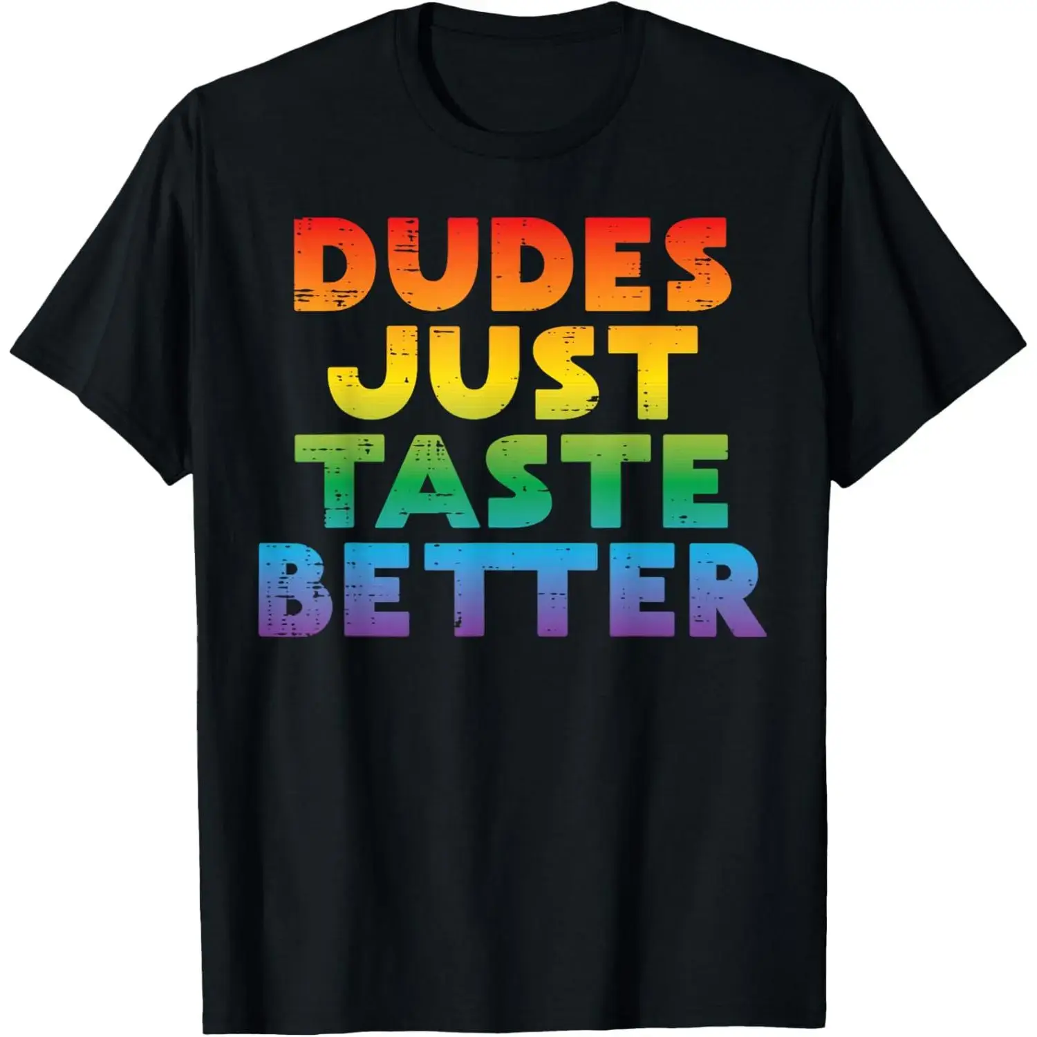 Men's LGBTQ Pride Graphic Menswear T-Shirt - 100% Cotton Shortsleeve Round Neck Fabric, "Gay Dudes Just Taste Better" Rainbow Print, Relaxed/Oversized Breathable Classic Top, Made in USA, Size Down for Fitted Look, True-To-Size for Laidback Feel