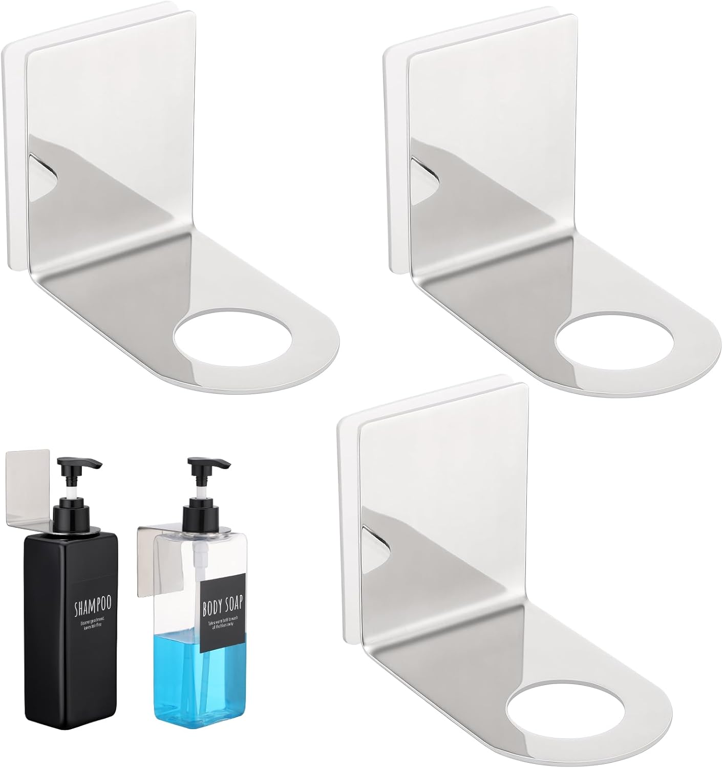 Stainless Soap Bottle Dispenser, 3 Pack Dia 1.1in 2.8cm Drill-Free Wall Mounted Rack, Adhesive Wall Mount Bottle Holder for Shower Gel Bathroom Toilet Kitchen, Sliver