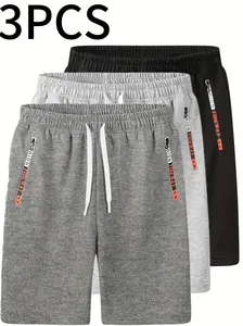 Men's Casual Outdoor Shorts 3 Pack - 100% Polyester Fiber Knit Fabric with Drawstring Waistband and Zipper Pockets, Machine Washable, Smooth Finish, Suitable for Summer Activities, Plus Size Sports Pants, Men's Gift