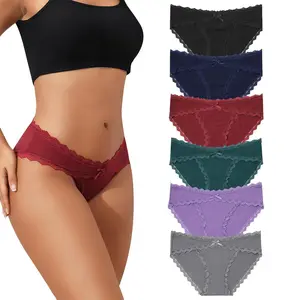 LEVAO Women Underwear Cotton Playful Bikini Underwear Women Lace Elastic Low rise Underwear Wavy Sides Invisible Panties Hipster Multipiece 6 Pack S-XXL