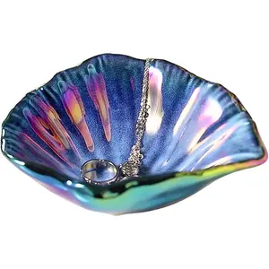 Tray, 5.75 Inches Ceramic  Dish,Vivid Blue Shell Trinket Dish,  Plate as Concrete Home/Coffee Table Décor, Gifts for Woman/Mom/Friends Colorful Blue Light Organiser Boxes Vanity Ornaments Decor Jewelry Butter with Wooden Lid mini charcuterie shoe bins
