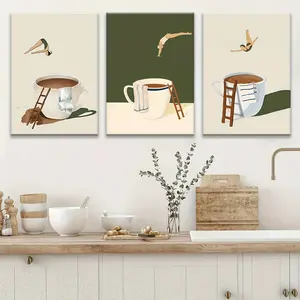 2D canvas, 3-piece luxury canvas print wall art decoration set, coffee diver art print set, modern minimalist geometric pattern, vertical design, suitable for interior decoration of living room, bedroom, kitchen, dining room (wrapped canvas), 2D flat, per