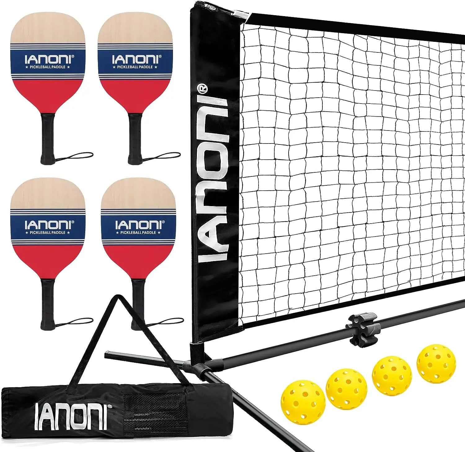 IANONI Pickleball Net Set with 4 Paddles. Official Size Pickleball Net (Includes Metal Frame + Net + 4 Paddles + 4 Balls + Rules Sheet in Carry Bag)