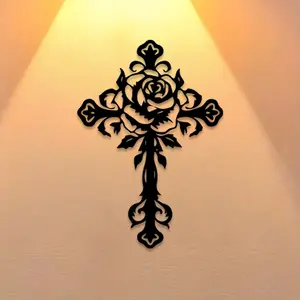 1pc Gothic Rose and Cross Metal Wall Art, Gothic Rose and Cross Statue Mural, Perfect for Living Room, Bedroom, Bathroom Decor, Indoor/Outdoor Decor, Home Decor, Memorial Day Decor, Ideal Gift for Sympathy Recipients autumn home decor