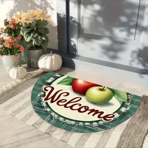 1pc Half Round Entrance Mat Apple Pattern Welcome Rug Plaid Border Design Bedroom Courtyard Decor Carpet Laundry Room Bathroom Doormat