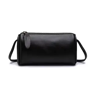 Women’s Genuine Leather Cylinder Boston Bag - Cute Minimalist Retro Zip Shoulder Purse (Black)