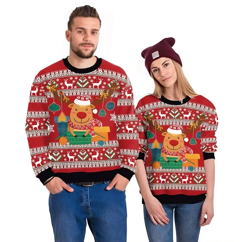 Holiday Spirit Ugly Sweater for Couples - Festive Red with Bear Design - Perfect for Christmas Parties and Family Gatherings