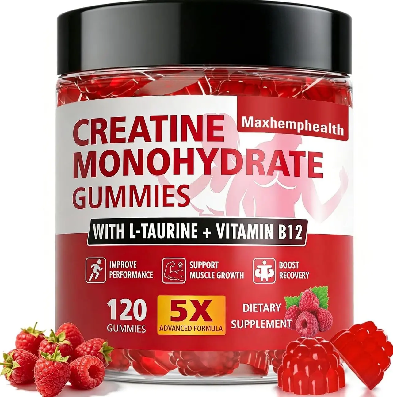 Creatine Gummies for Men & Women, Creatine Monohydrate Gummies 5g, Build Muscle, Strength, Recovery, Cognitive Health & Memory, Pre Workout Supplement, 120 Count Raspberry Chewable Gummy