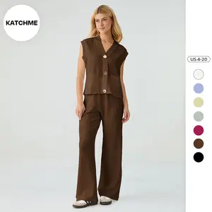KatchMe Women's Leisure V Neck Gold-Toned Button Decor Loose Tank Top & Wide Leg Trousers Co-ord, Summer Chic 2 Piece Set, Basic Two Piece Outfits