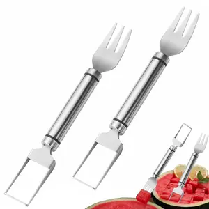 2-Pack Professional Commercial-Grade Stainless Steel Watermelon Cutter – 2-in-1 Slicer and Serving Fork for Effortless Cubes and Wedges plastic tab