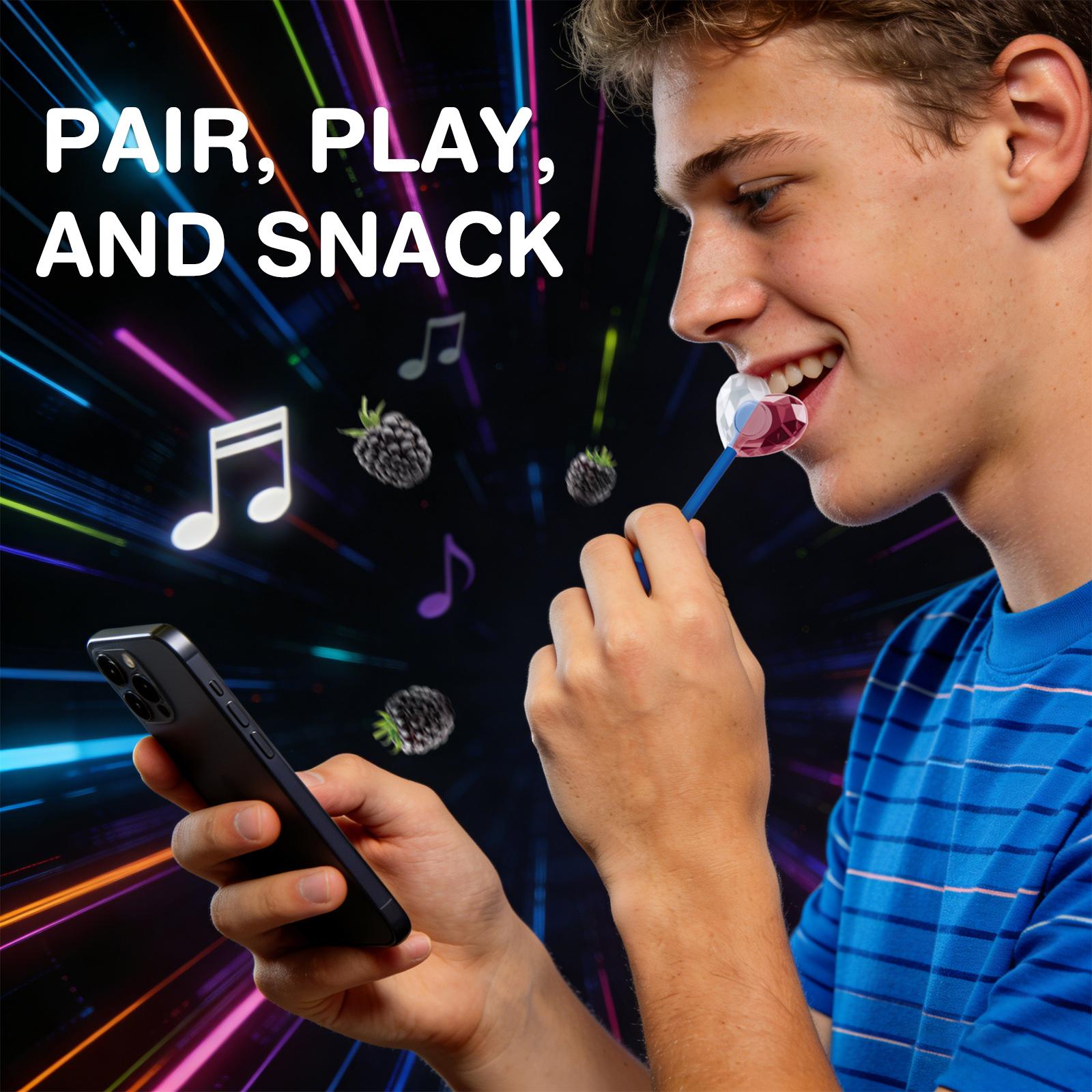 AMOS TastySounds Wireless Audio Lollipop – Blackberry Flavor, Bone Conduction Music Candy, Rechargeable Singing Lollipop, Listen Through Your Mouth Novelty Gift Pre-Sale
