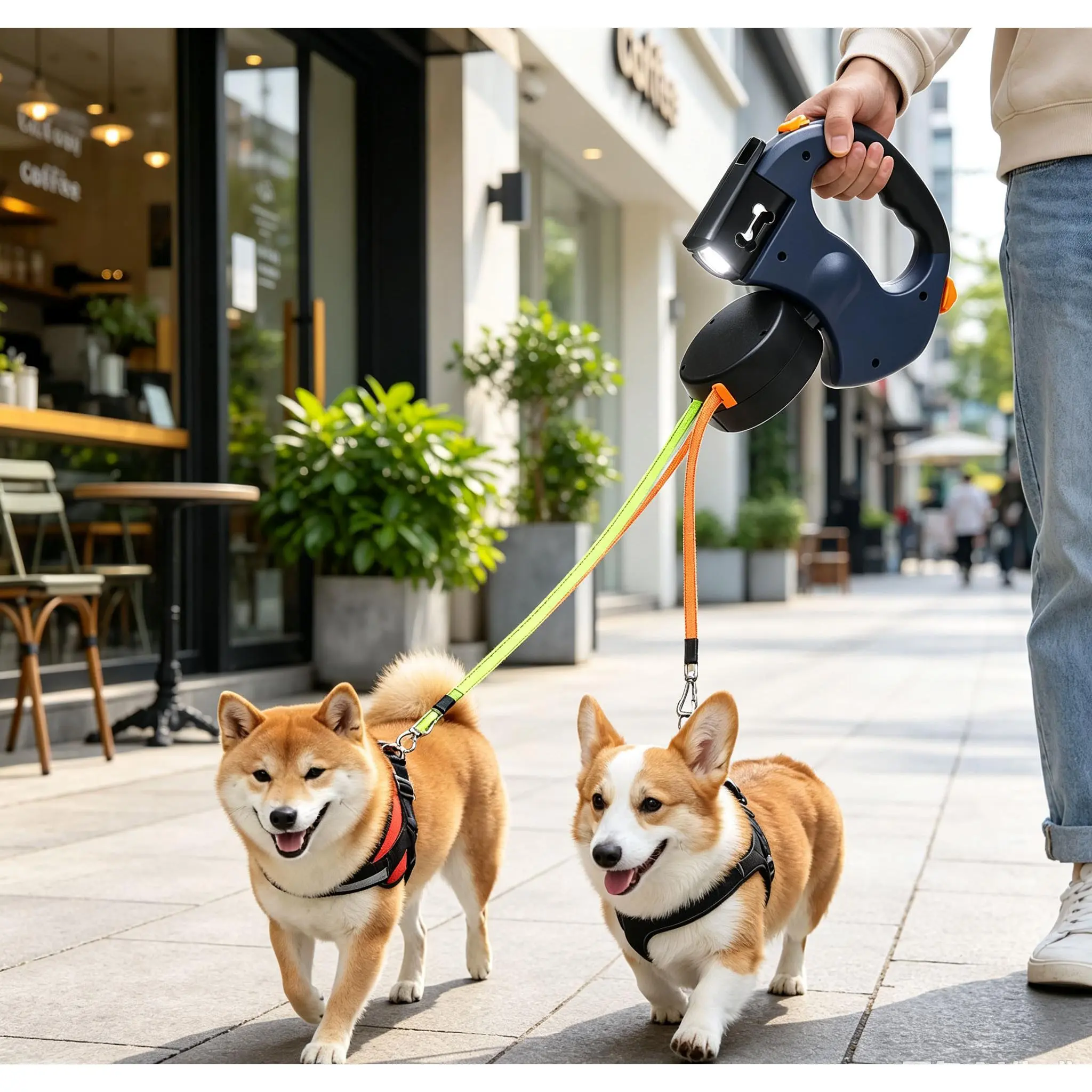 360° Rotatable Dual Retractable Dog Leash with LED Flashlight & Comfort Grip Handle, Tangled-Leash Prevention for 2 Small-Medium Canines