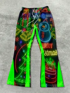 Men's Loose Fit Christmas Neon Snowman Print Pants, Casual Sporty Streetwear, Fitted Long Pants for All Seasons, Casual Comfy Drawstring, Casual Streetwear Trousers