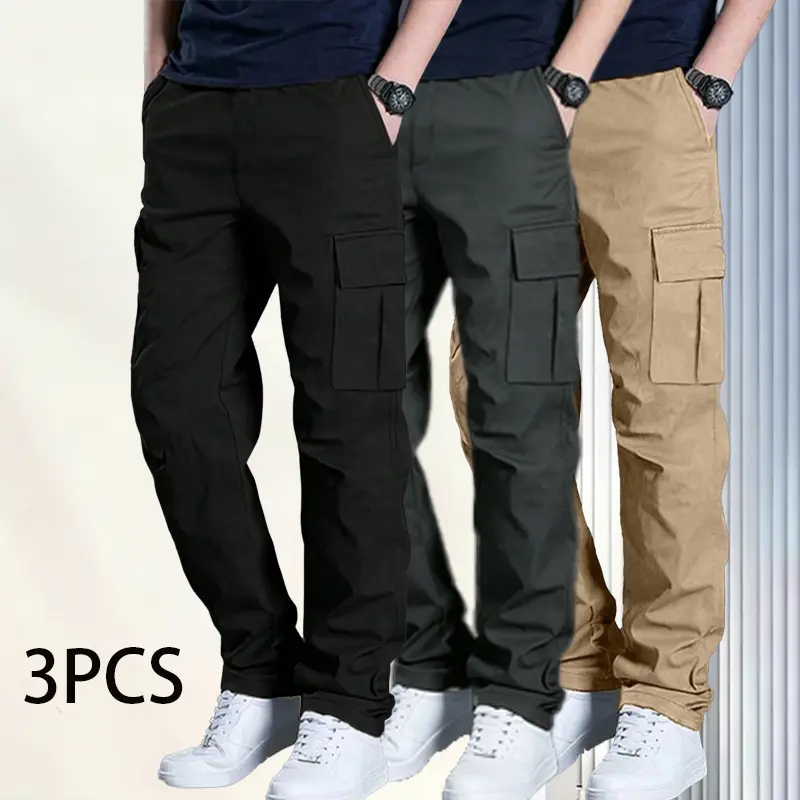 3-pack men’s solid-color cargo pants featuring flap pockets, slanted side pockets, and a drawstring waist; casual, comfortable long pants with a regular straight fit; suitable for everyday wear in all seasons; casual close-fitting pockets.