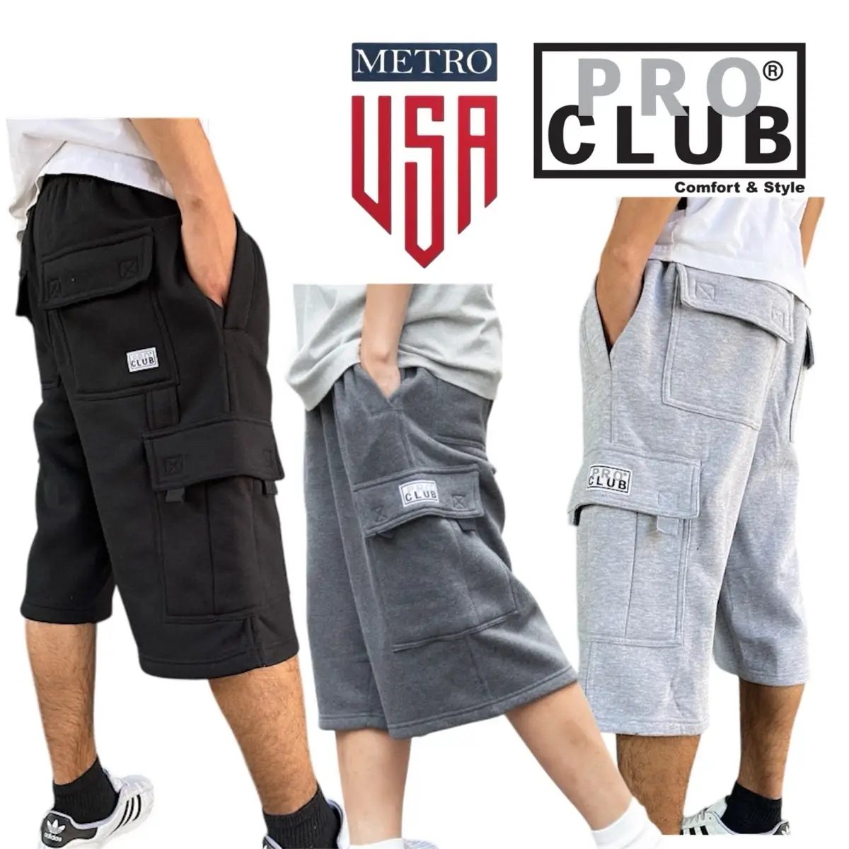 PRO CLUB Cargo Sweat Shorts UNISEX 6 Pockets Fleece Shorts PRO CLUB Hip Hop Shorts Casual Sweatshorts Cotton / polyester Casual Menswear
