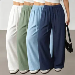 Women’s four-piece set featuring loose, casual long pants made from polyester fiber—comfortable and versatile with a solid straight design, drawstring and pockets, suitable for everyday outings and outdoor activities.