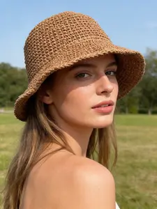 [ropiscape single piece brown crochet fisherman's hat-hand-woven straw texture, breathable summer sun protection hat for ladies beach outdoor, spring and summer holiday atmosphere, suitable for holiday relaxation, beach leisure autumn and winter gifts.