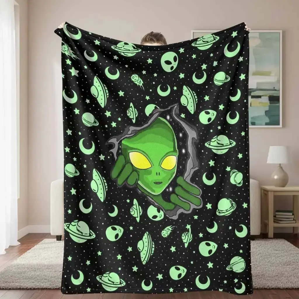 Alien Galaxy Space UFO Planet Print Flannel Throw Blanket - Soft Lightweight Breathable Machine Washable Blanket for Sofa, Bed & Camping, Ideal Back to School Gift by sohochic