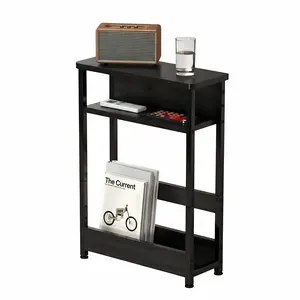 3 Tier Industrial Side Table for Small Spaces, Narrow Wood End Table with Storage Shelves, Slim Nightstand Bedside Furniture for Living Room Bedroom