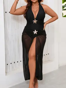 Plus Size Women's 2-Piece Swimsuit with Sheer Skirt, Tummy Control Swimdress, Fashionable and Sexy Design for All Seasons, Flattering Full Coverage Swimwear