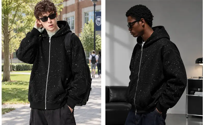 TELLFUN- 2026 NEW Men's Sequined Hooded Sweatshirt with Zipper and Pockets,  Long-Sleeved Hoodie with Pockets, Casual Streetwear Style, Perfect for Daily Wear fall clothes black zip hoodies men Menswear Tops