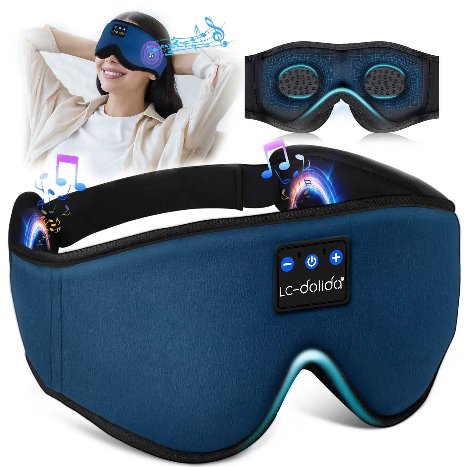LC-dolida Smart Wireless Bluetooth Sleep Mask with Ultra-Thin Built-in Speakers - 3D Full Blackout, Comfort Fit for Side Sleepers, Portable Sleep Aid Products for Travel & Daily Relaxation