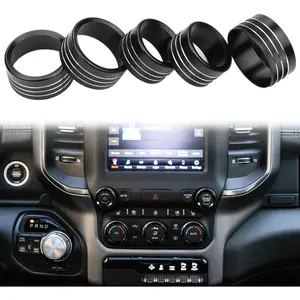 for Dodge Ram Accessories 2019 2020 2021 Interior Control Knob Cover AC/Volume/Mode/AUTO/Browse Switch Decor Button Ring Trim (Black, 5PCS)