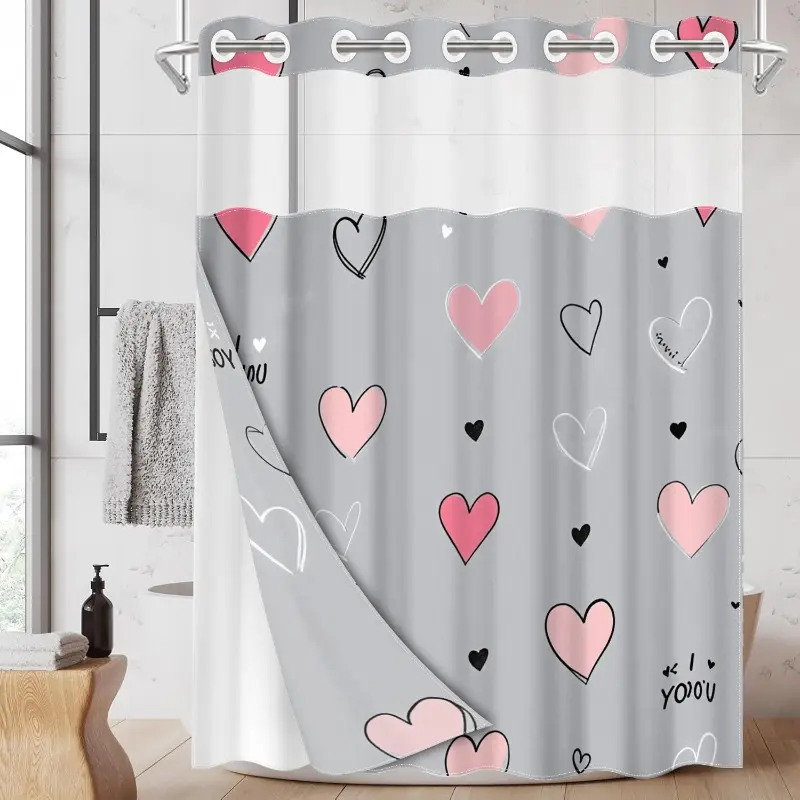 1pc hookless shower curtain, Printed shower curtain, with buckle lining, pink and white heart design on gray background, 2D flat printing, fabric waterproof lining, see-through double-layer, 71 x 74 inches