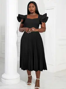 Elegant Women Pleated Evening Formal Wear Dress O Neck Short Ruffle Sleeve Loose High Waist A-Line African Female Classy Prom Birthday Celebrate Party Gowns, Womenswear