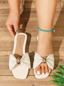 Bohemian Woven Bow Slide Sandals, Metal Buckle Non-Slip Flat Vacation Style Open-Toe Slippers For Women