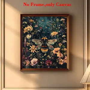 1 PC, wall art, vintage poster, chubby bumblebee collecting honey art print, plant flower background canvas painting, unique and creative wall aesthetic decoration, perfect decoration for living room and bedroom, unframed wall art, frameless